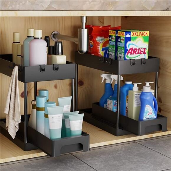 2 Tier Under-Sink Drawer, Black Under Sliding Cabinet Basket Organizer - Picture 3 of 6